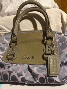 Coach Grey and Pink Leather & Signature Print Satchel